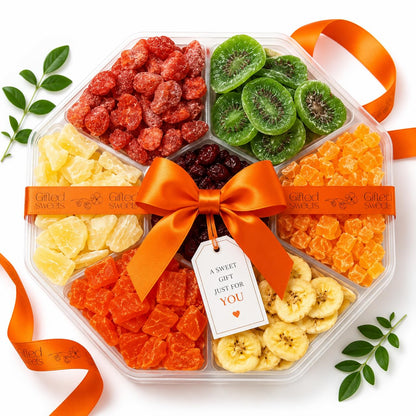 Dried Fruit Gift Basket - 7 Sweet Tropical Gourmet Dried Fruit - Assorted Food Gift Box for Birthday, Sympathy, Men & Women.