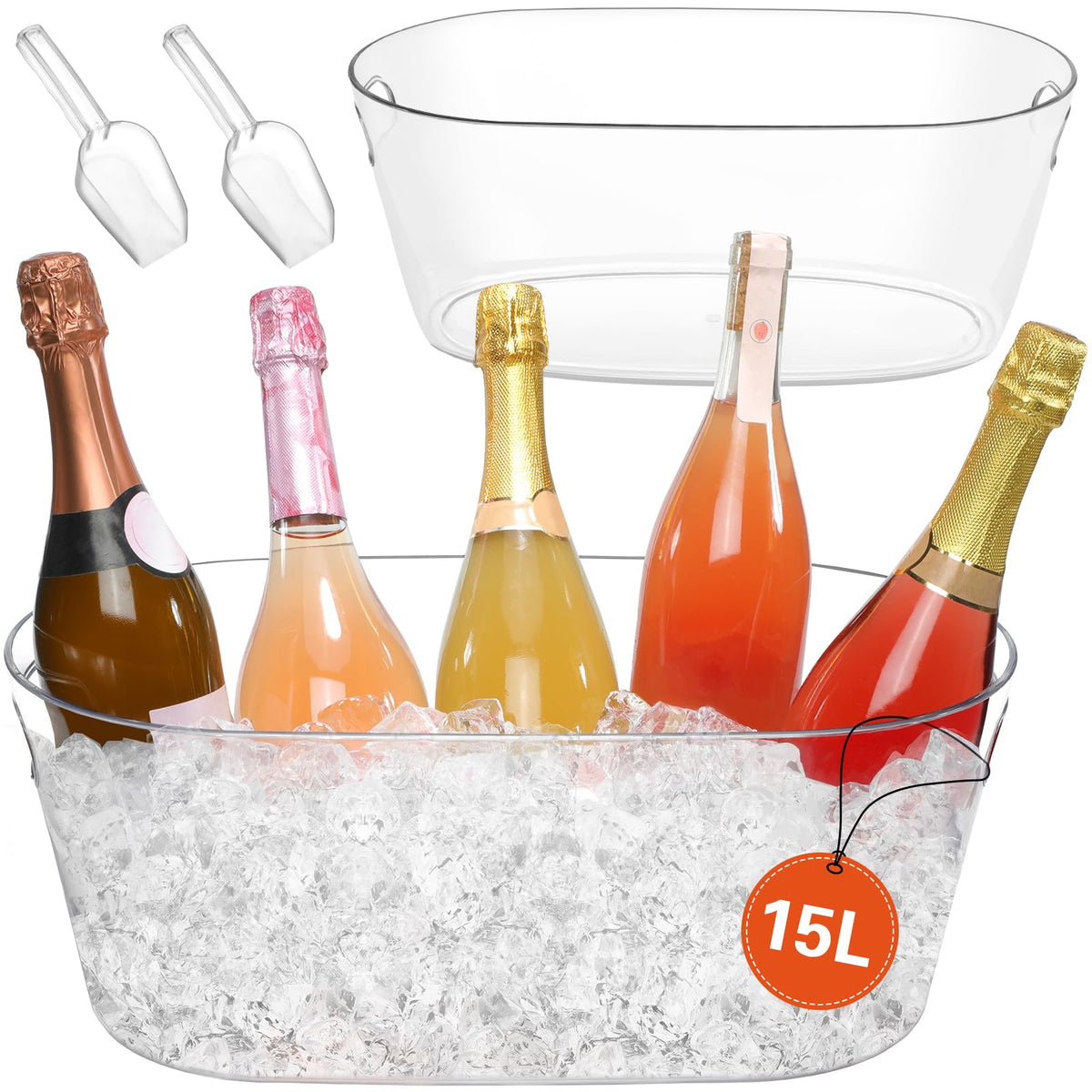 2 PCS Ice Buckets for Parties, 15L Large Ice Bucket, 4 Gallon Clear Acrylic Champagne Ice Buckets with 2 Scoops, Beverage Tub Mimosa Bar Supplies for Champagne, Beer, Cocktail