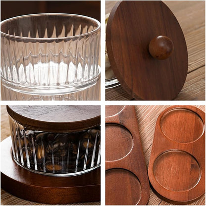 Round Glass Snackle Box Container Snack Organizer and Fruit Platter with Acacia Wood Lids and Tray Divided Serving Tray for Nuts Candy Dry Fruits (6 Jars)