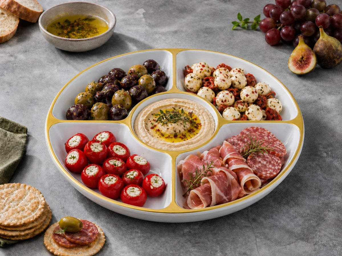 PLASTICPRO 5 Sectional Round Plastic Heavy duty Serving Tray/Platters White With Gold Rim Pack of 2