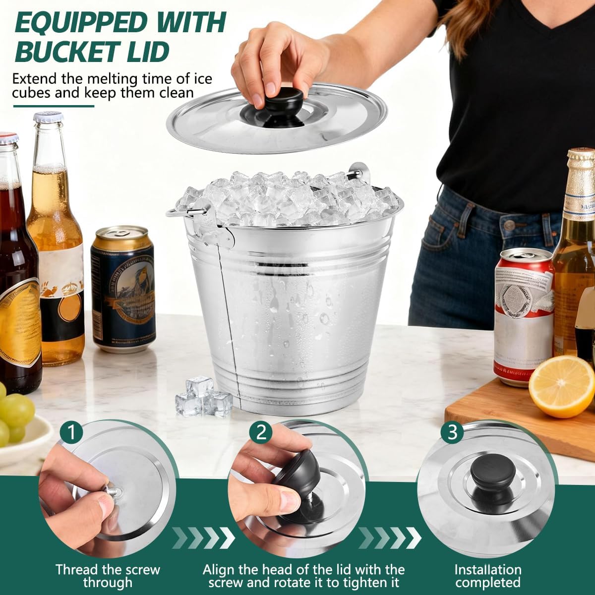 OBTANIM 3 Pack 6L Stainless Steel Metal Ice Buckets Champagne Drink Cooler Storage Ice Pails with Handle and Lid for Party Favors Organizing Home Parties Bar Cooling Supplies