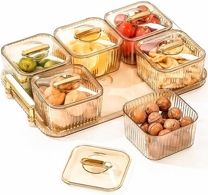 WUWEOT Nut and Candy Serving Tray, Divided Snack Serving Bowls, Plastic Compartment Appetizer Food Display Dish Platter with Lid Tray and Handle for Fruit Dessert Nuts Snacks Candy Chip Dip