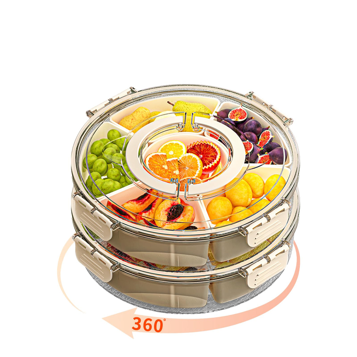 Divided Serving Tray with Lid and Handle, Stackable Snackle Box Container for Fruits Candy Organizer, Portable Spinning Rounded Veggie Tray for Kitchen, Party, Trave and Picnic-1 PACK