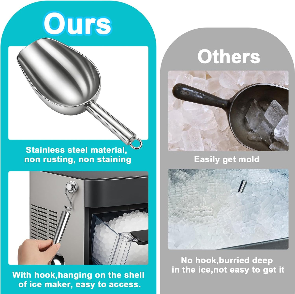 Stainless Steel Ice Scoop for Freezer with Magnetic Hook