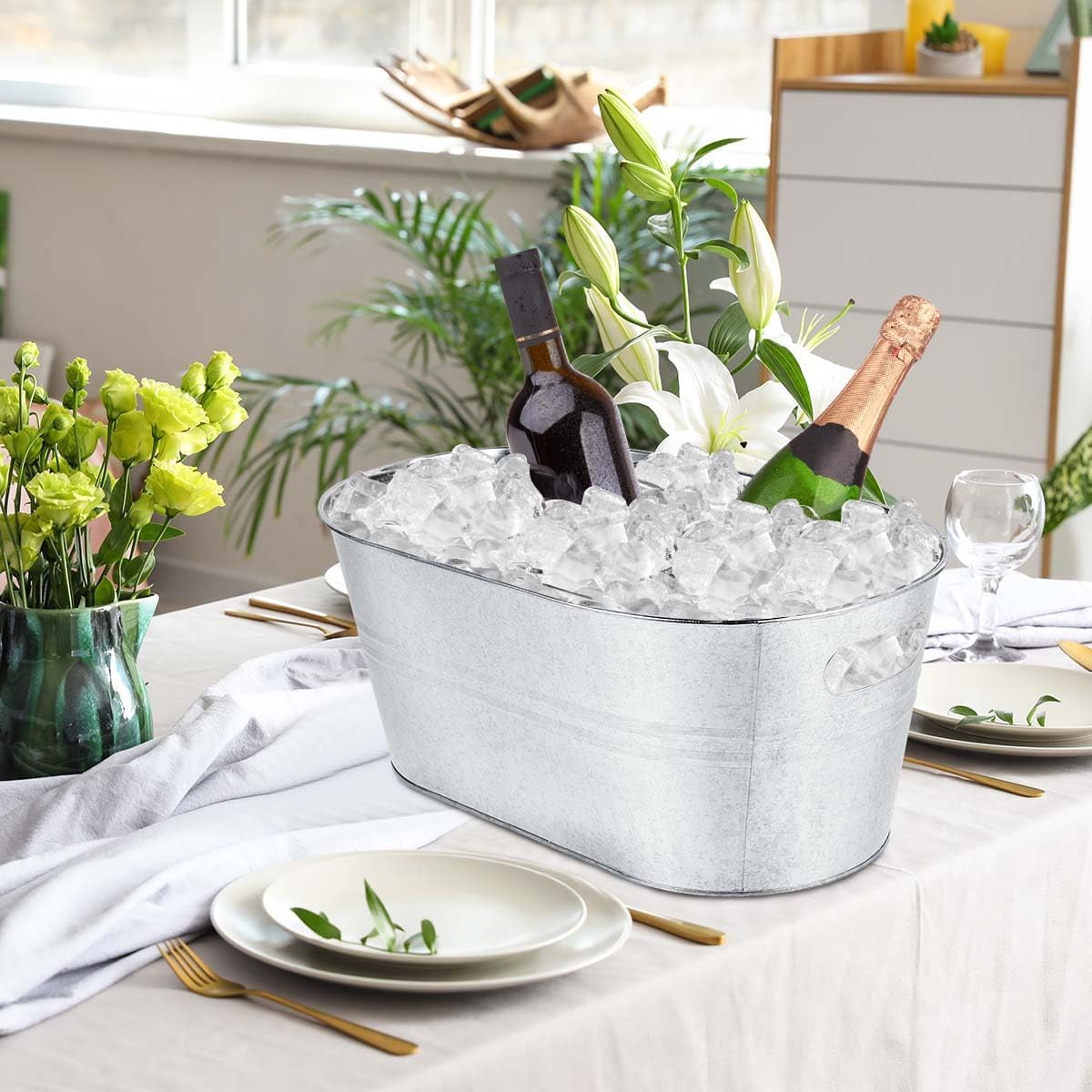 OBTANIM 4 Pack 4 Gallon Galvanized Ice Buckets Metal Champagne Drink Cooler Ice Tub with Carry Handles for Beer Cocktails Wine Beverage Home Parties Bar Cooling Supplies (Silvery)