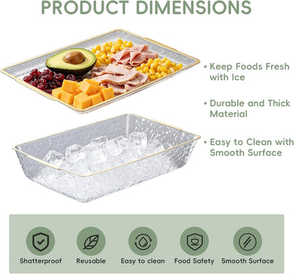 2 Set 16" x 9" Plastic Chilled Serving Tray for Parties, Serving Platter with Compartments Ice Chilled Party Platter Charcuterie Serving Board Cold Dish Dip for Fruit Seafood Vegetable