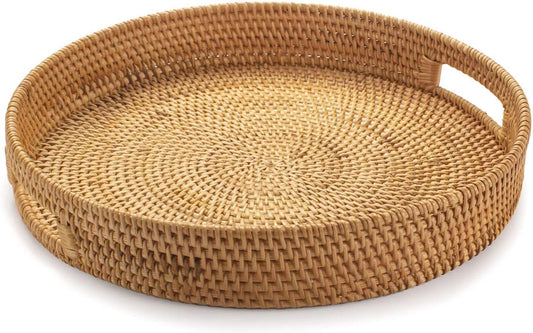 YANGQIHOME Rattan Round Serving Tray, Decorative Coffee Table Tray, Hand Woven Serving Basket with Handles, Ottoman Wicker Fruit/Bread Serving Basket, 13.8 inch