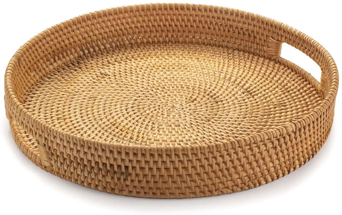 YANGQIHOME Rattan Round Serving Tray, Decorative Coffee Table Tray, Hand Woven Serving Basket with Handles, Ottoman Wicker Fruit/Bread Serving Basket, 13.8 inch