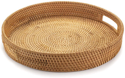 YANGQIHOME Rattan Round Serving Tray, Decorative Coffee Table Tray, Hand Woven Serving Basket with Handles, Ottoman Wicker Fruit/Bread Serving Basket, 13.8 inch