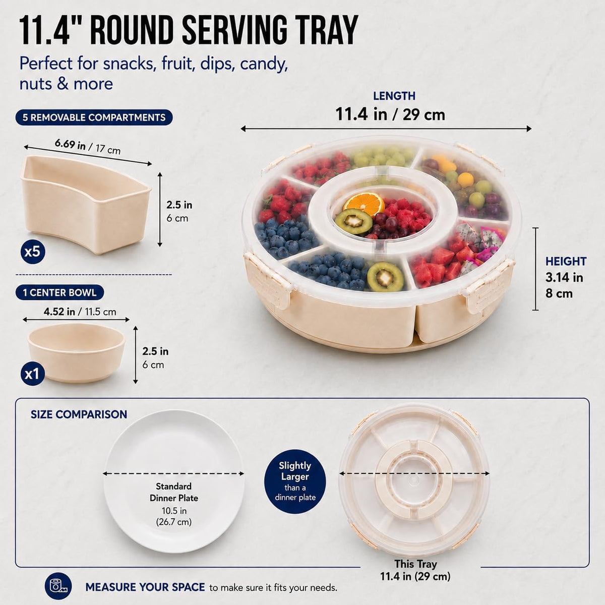 Rotating Divided Serving Tray with Lid, 6-Compartment Snackle Box