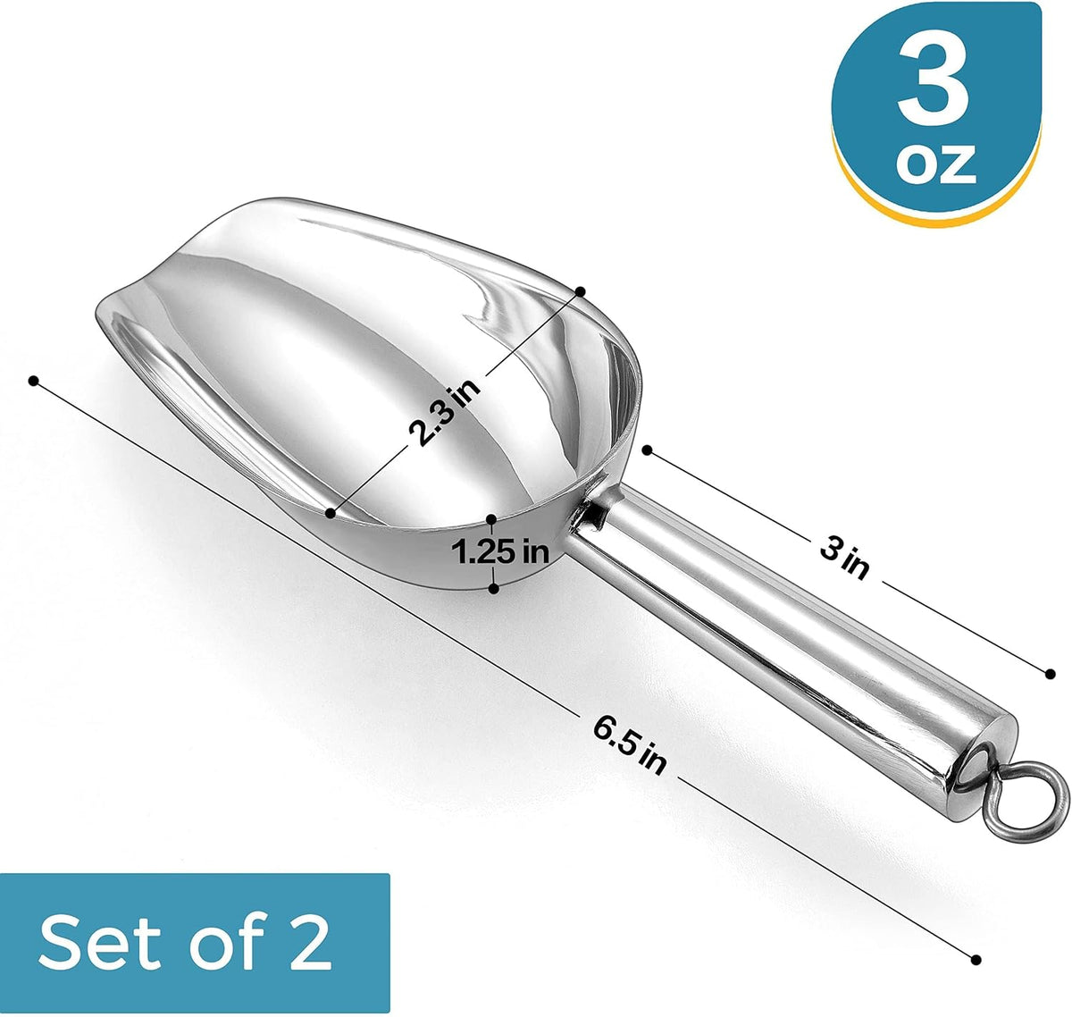Herogo 3oz Mini ice Scoop Set of 2, Small Stainless Steel Scooper for Candy/Flour/Bean/Pet Food/ Ice Cube, Metal Utility Scoops for Kitchen Bar Party Wedding, Dishwasher Safe & Heavy Duty