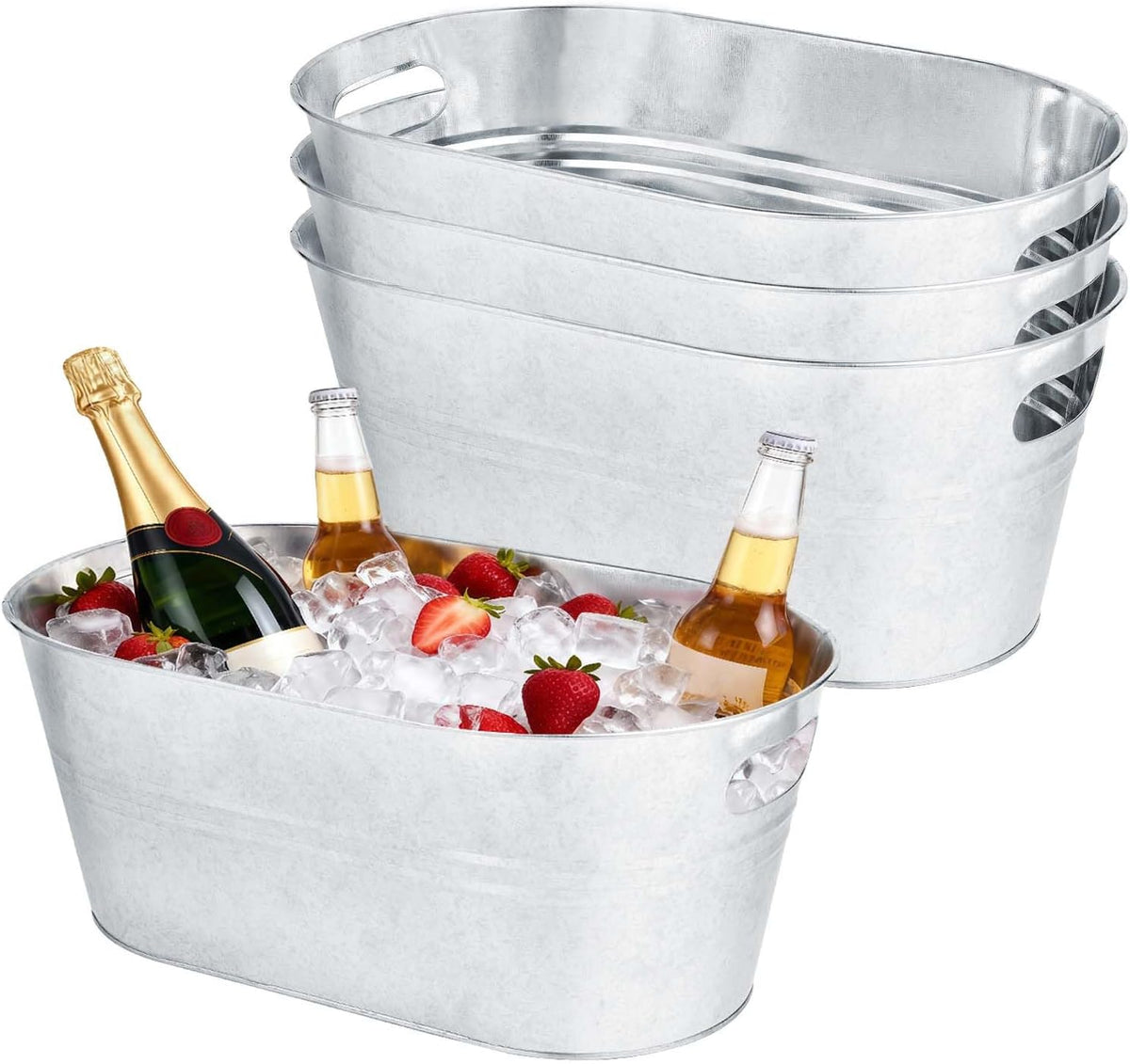 OBTANIM 3 Pack 4 Gallon Galvanized Ice Buckets Metal Champagne Drink Cooler Ice Tub with Carry Handles for Beer Cocktails Wine Beverage Home Parties Bar Cooling Supplies (Silvery)