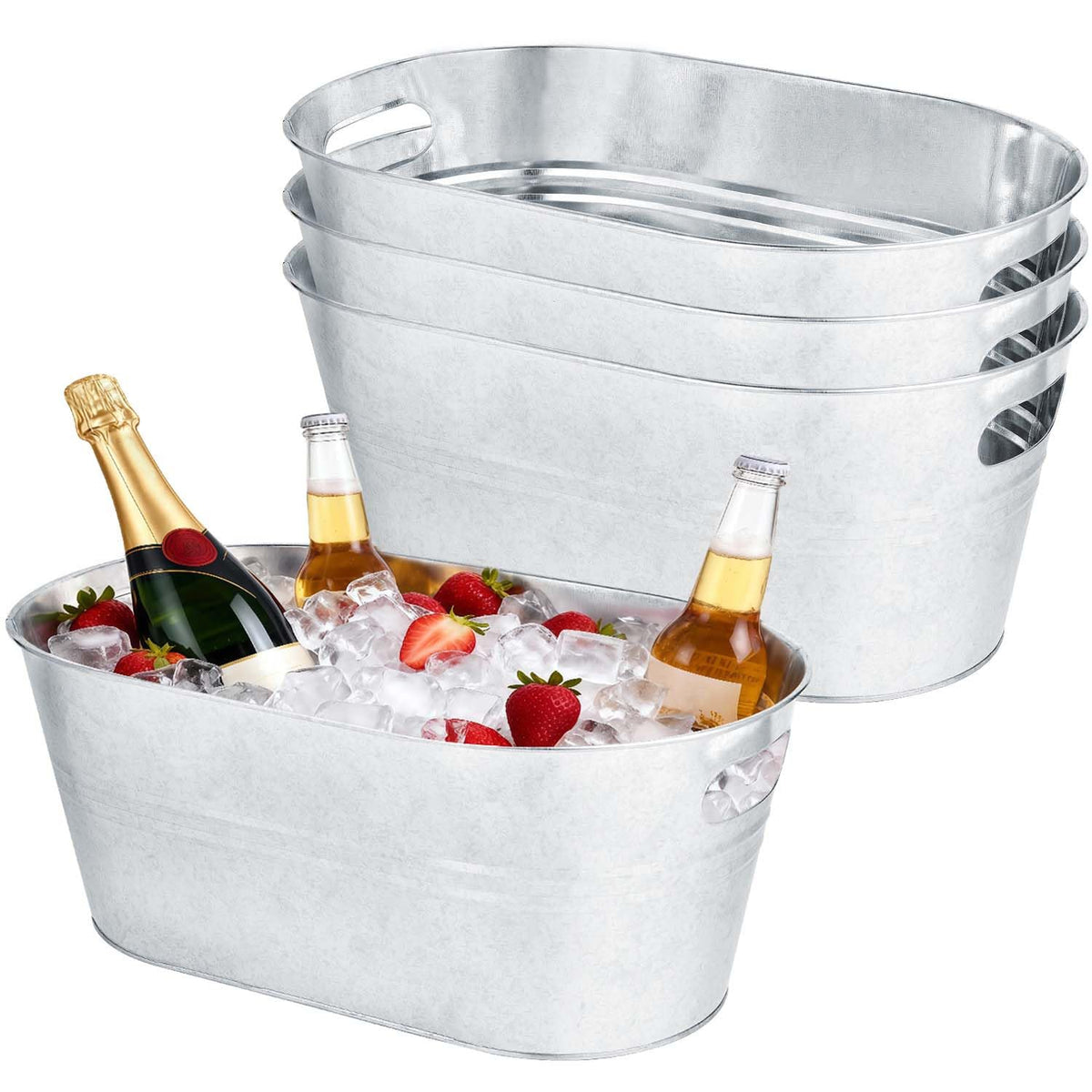 OBTANIM 3 Pack 4 Gallon Galvanized Ice Buckets Metal Champagne Drink Cooler Ice Tub with Carry Handles for Beer Cocktails Wine Beverage Home Parties Bar Cooling Supplies (Silvery)
