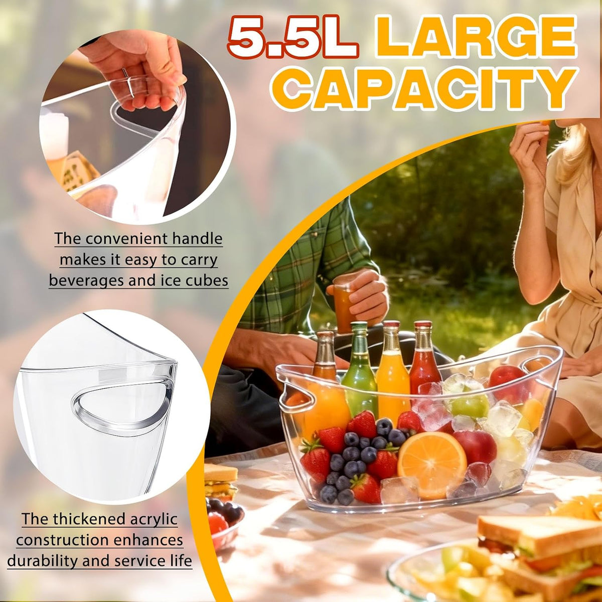 Ice Bucket 2 Pcs, Clear Acrylic Ice Wine Buckets for Parties, Beverage Tub