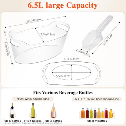 6.5L Plastic Ice Buckets for Parties,2-Pack Large Ice bucket Clear Beverage