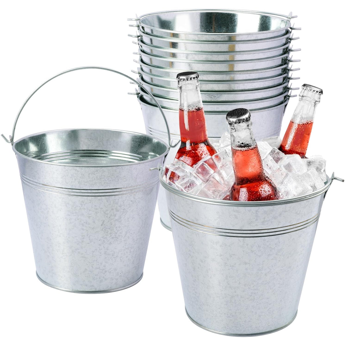 8 Pack 7 inch Red Metal Ice Bucket with Handles, 7 inch Red Serving Pail Ice Bucket, Galvanized Beer Buckets for Party, Home, Bar, and Outdoor Use