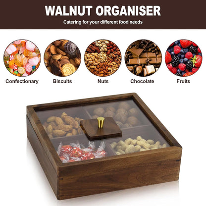 Koqye 4-Compartment Snack Tray with Lid - North American Walnut Serving Platter for Dry Fruits/Nuts/Candy, Multi-Purpose Party Food Storage Container