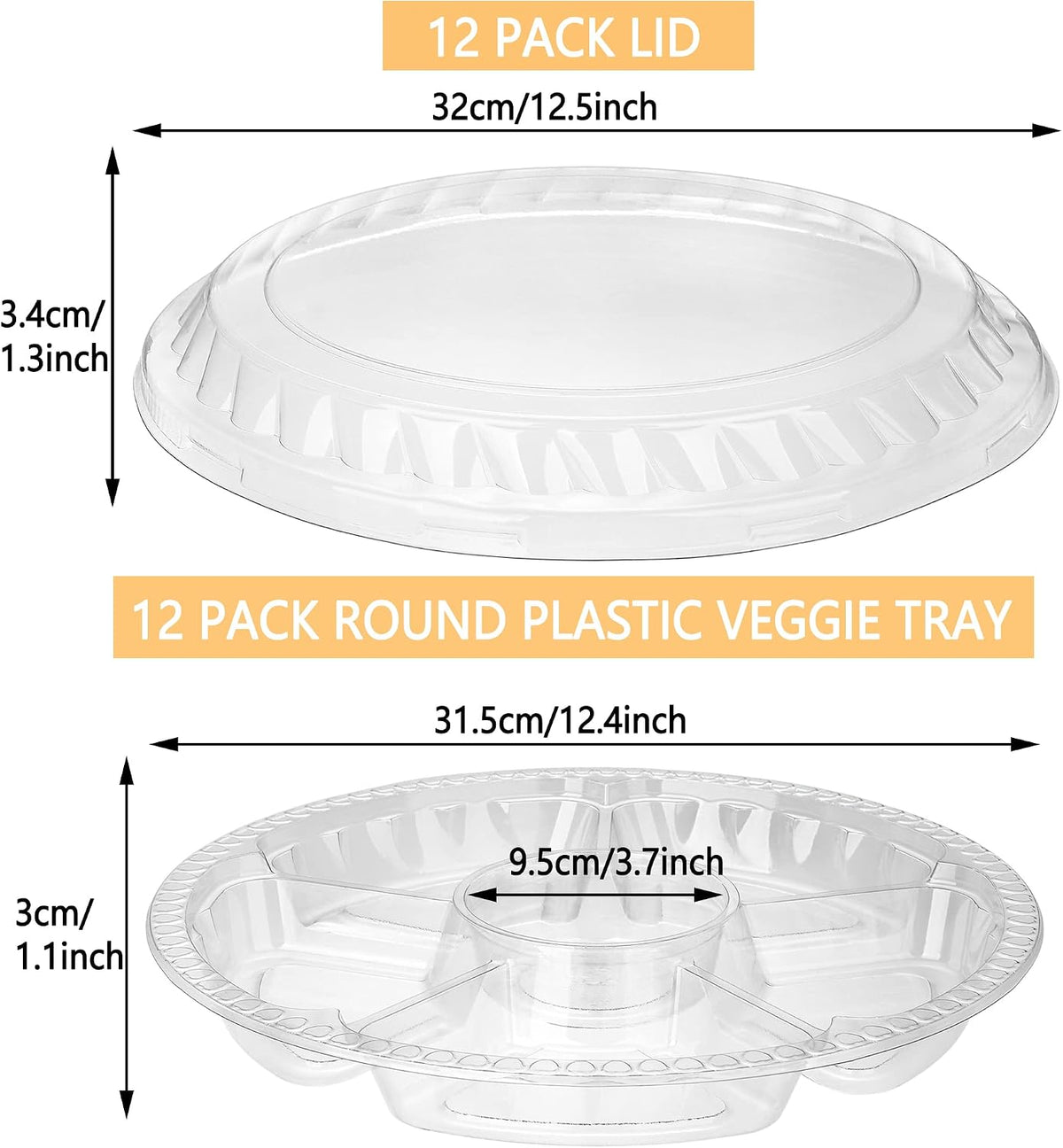 12 Pack Round Plastic Veggie Tray with Lid Fruit Tray 6 Divided Compartment Container Food Serving Dip Platter Reusable Catering Trays for Veggie Fruit Snack Party and Buffet Trays（Clear，12inch）