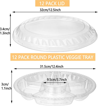 12 Pack Round Plastic Veggie Tray with Lid Fruit Tray 6 Divided Compartment Container Food Serving Dip Platter Reusable Catering Trays for Veggie Fruit Snack Party and Buffet Trays（Clear，12inch）
