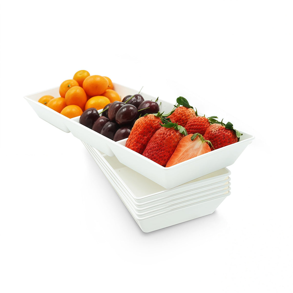Divided Serving Tray Platter, 4 Pack 15" x 10" Fruit Veggie Food Tray for Party, Plastic Serving Trays for Appetizer, Snack, Dessert, Cookie, Brunch Decorations Platters, White Trays BPA-Free