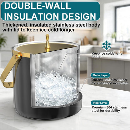 3.2L Double Wall Ice Bucket with Lid, Premium Stainless Steel Insulated Ice Bucket Includes Scoop, Tongs & Strainer, Keeps Ice Cold Longer for Parties, Home Bar, Chilling Beer & Wine, Black and Gold