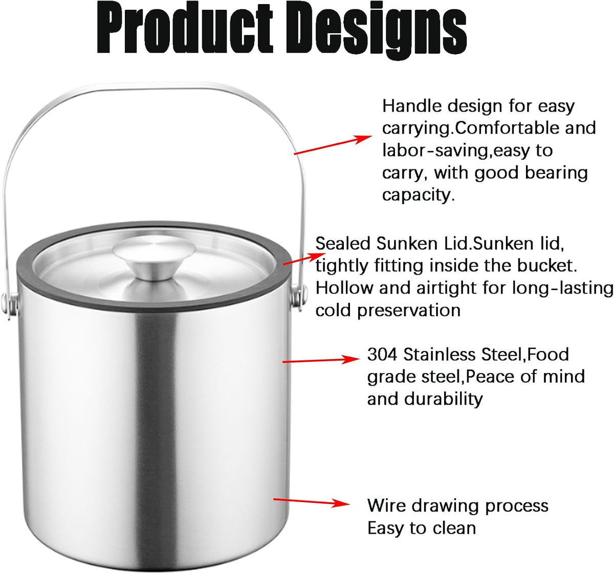 3L Double-Wall Insulated Ice Bucket with Lid, Ice shovel &Tongs and Strainer, Stainless Steel Ice Bath Tub with Silicone Sealed Lid for Wine, Ice Buckets for Parties, Wine Chiller, Light Sliver