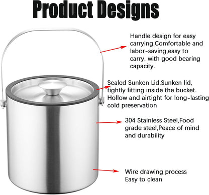 3L Double-Wall Insulated Ice Bucket with Lid, Ice shovel &Tongs and Strainer, Stainless Steel Ice Bath Tub with Silicone Sealed Lid for Wine, Ice Buckets for Parties, Wine Chiller, Light Sliver