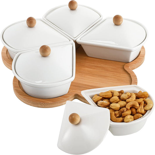 yarlung Ceramic Divided Serving Dishes with Lids and Bamboo Platter, 5 Removable Dipping Bowls Relish Tray Nuts Dishes for Appetizer, Chips, Fruits, Candy, Condiment