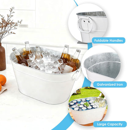 Galvanized Tub Ice Bucket for Party, Thick Metal Galvanized Drink Buckets, Beverage Tub with Handles, Drink Bucket for Indoor & Outdoor Parties (2PCS White)