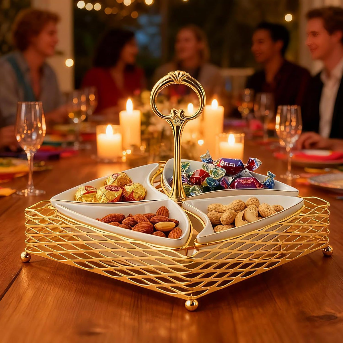 Appetizer Serving Tray,4-Compartment Divided Serving Tray,Ceramic Relish Tray,Chip and Dip Serving Set with Stand,Modern Glam Snack Platter for Appetizers, Fruits, Nuts, Candy, Party Entertaining