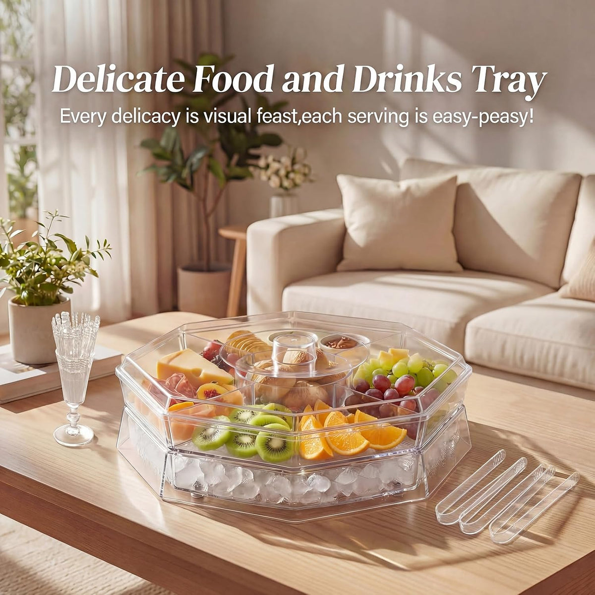 Chilled Serving Tray with Lid, Rotating Cold Serving Tray for Parties