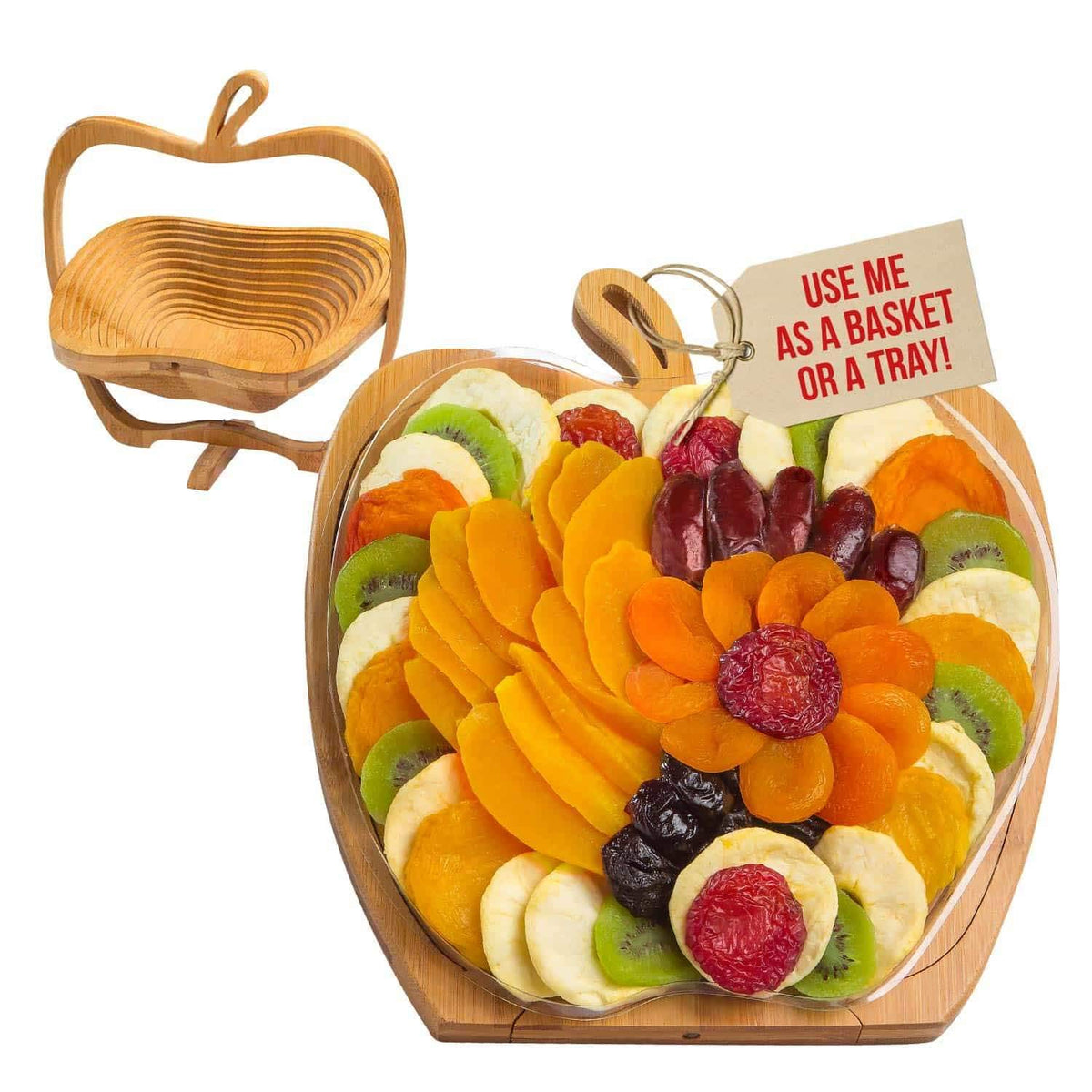 Dried Fruit Gift Basket- Heart Shaped Food Tray- Gourmet Assortment of Premium Tropical Fruits in Reusable Bamboo Heart Basket – Healthy Holiday Snack Gift for Love, Thank you, Corporate Gifting- Bonnie and Pop