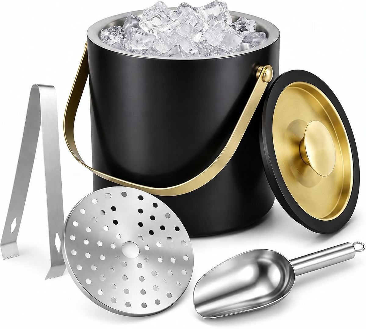 3L Modern Insulated Ice Bucket with Silicone Lid, Scoop, Strainer Double Wall Insulated Stainless Steel Ice-Bucket Metal-Ice Bucket for Parties Cocktail Bar, Outdoor Champagne Ice Container Bin(Black）