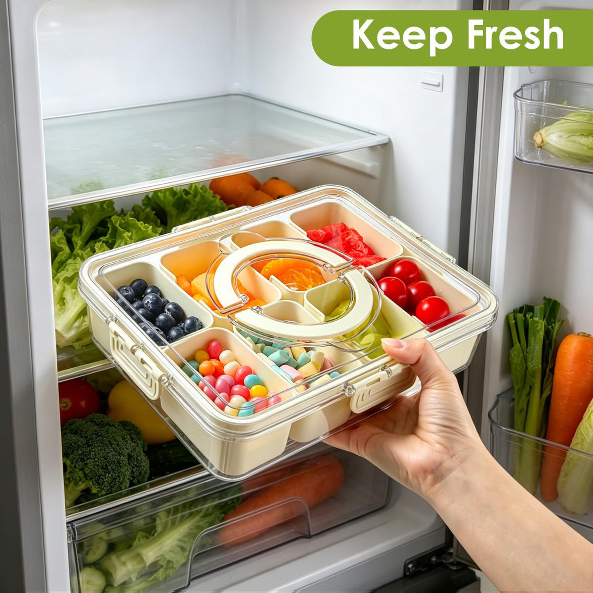 HRXFOZ Divided Serving Tray with Lid and Handle, 8 Compartment Snack Box, Portable Snack Platter for Fruits, Veggies, Nuts, Party Entertaining, Picnic (2 PCS)