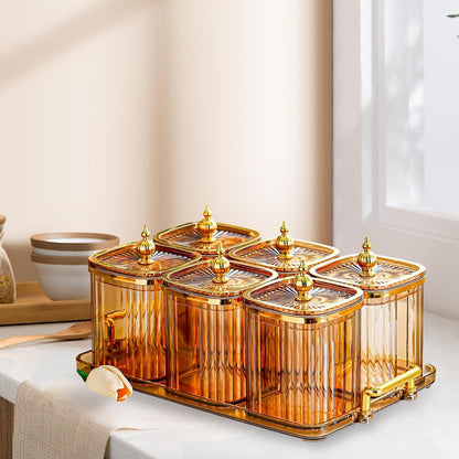 Dry Fruit Jars with Lid Set, Dustproof Multifunctional with Tray Snack Container,Sugar Jars for Dining Room Kitchen, Amber