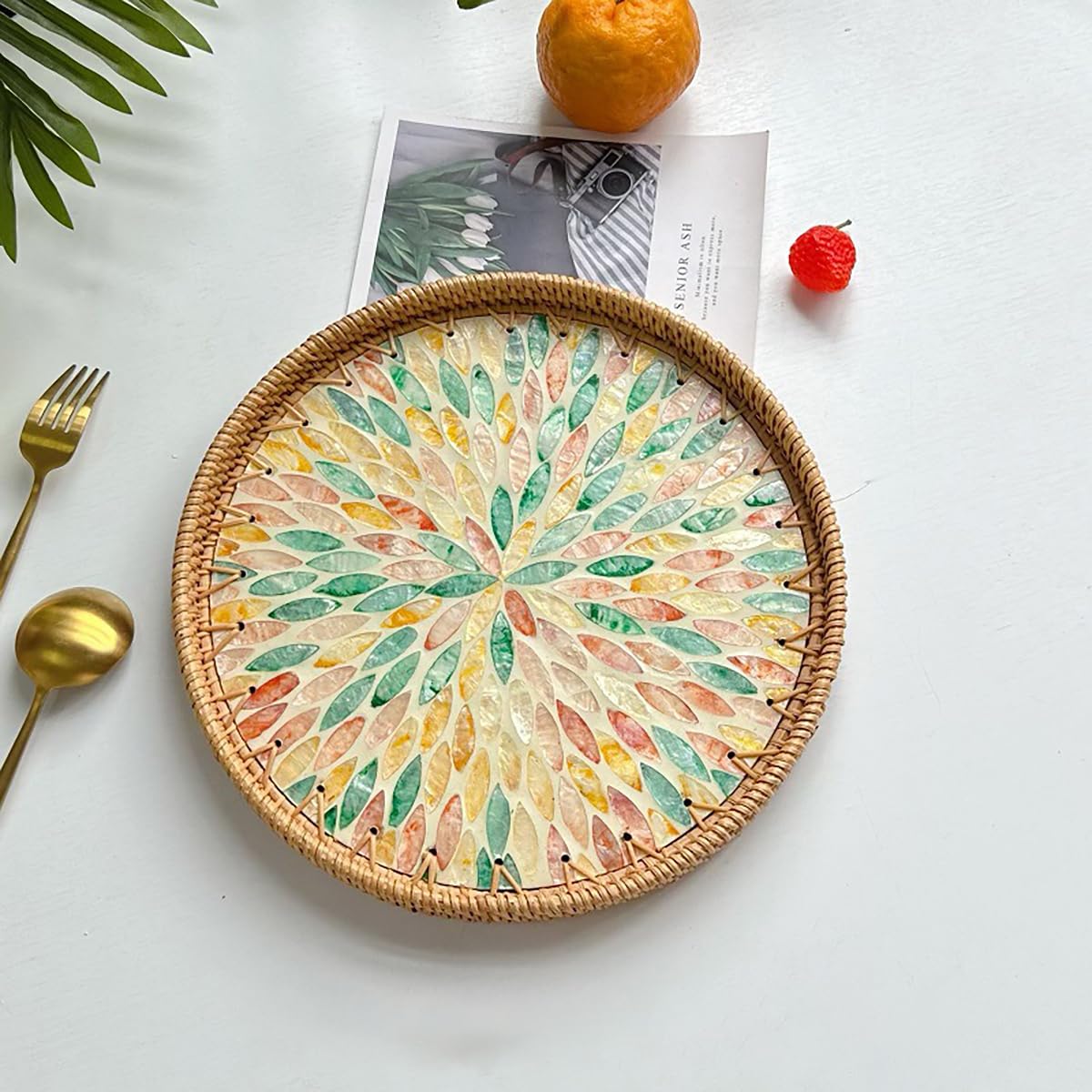 Mother of Pearl Tray Round Rattan Tray with Mother of Pearl Inlay Rattan Serving Tray with Wooden Base, Decorative Wicker Basket for Table Decor Bread Fruits Coffee, Leaf (Blue)