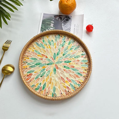 Mother of Pearl Tray Round Rattan Tray with Mother of Pearl Inlay Rattan Serving Tray with Wooden Base, Decorative Wicker Basket for Table Decor Bread Fruits Coffee, Leaf (Blue)