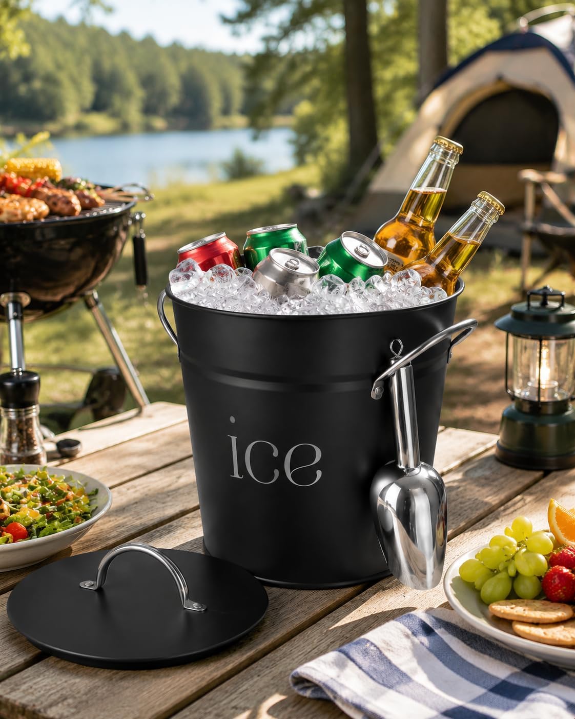 3 Qt Black Galvanized Ice Bucket with Lid, Scoop and Handles, Insulated