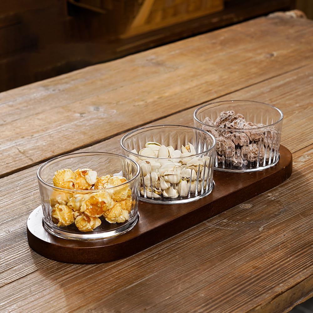 Round Glass Snackle Box Container Snack Organizer and Fruit Platter with Acacia Wood Lids and Tray Divided Serving Tray for Nuts Candy Dry Fruits (6 Jars)