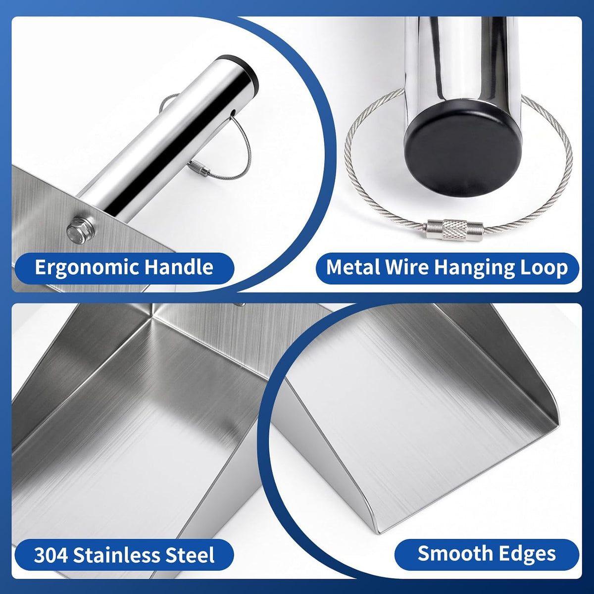 304 Stainless Steel Grain Scoop, Heavy Duty Ice Metal Feed Scoop