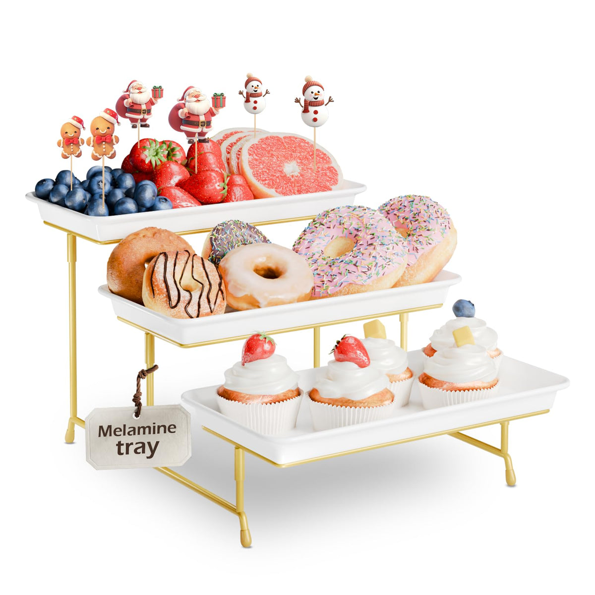 Bumusty Large 3-Tier Melamine Serving Tray Set, 17 x 8.7 in, Black Stand