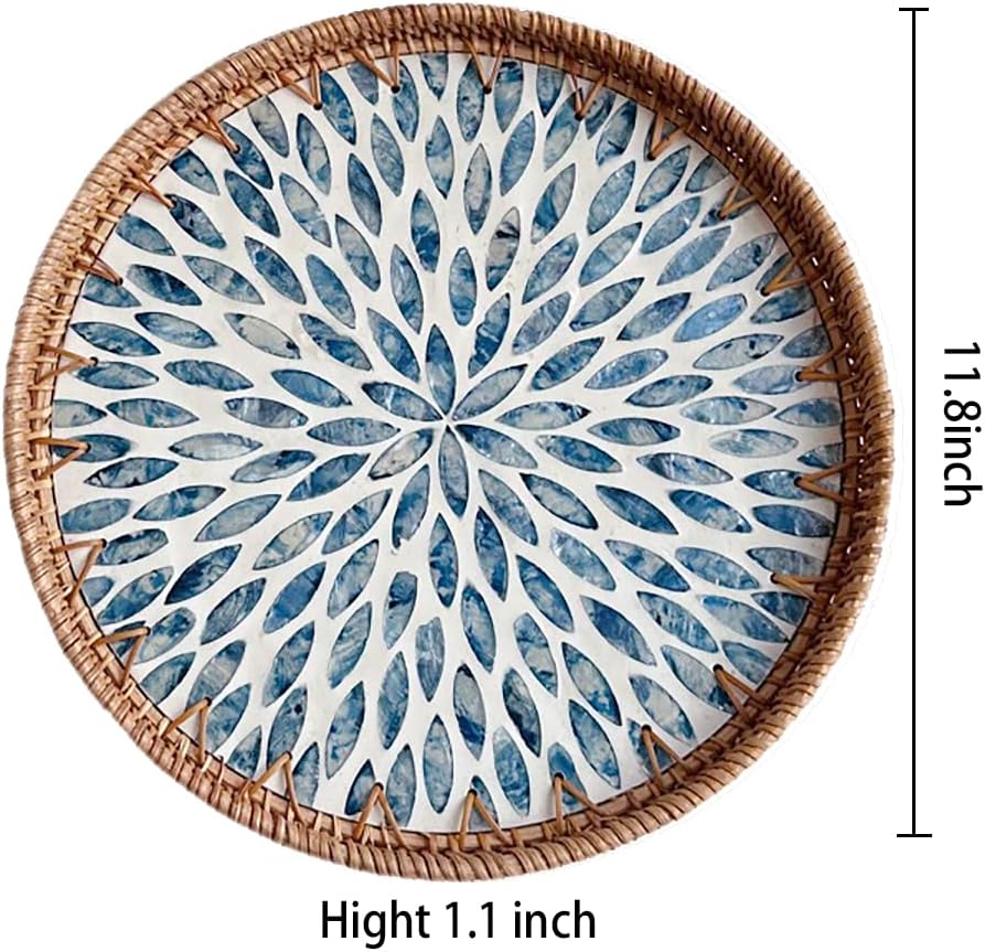 Mother of Pearl Tray Round Rattan Tray with Mother of Pearl Inlay Rattan Serving Tray with Wooden Base, Decorative Wicker Basket for Table Decor Bread Fruits Coffee, Leaf (Blue)