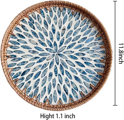 Mother of Pearl Tray Round Rattan Tray with Mother of Pearl Inlay Rattan Serving Tray with Wooden Base, Decorative Wicker Basket for Table Decor Bread Fruits Coffee, Leaf (Blue)