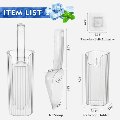 KAWENDE Ice Scoop With Holder - Removable Plastic Scoop for Freezer, Kitchen Countertop Ice Maker, Commercial Machine - Strong Traceless Self-Adhesive