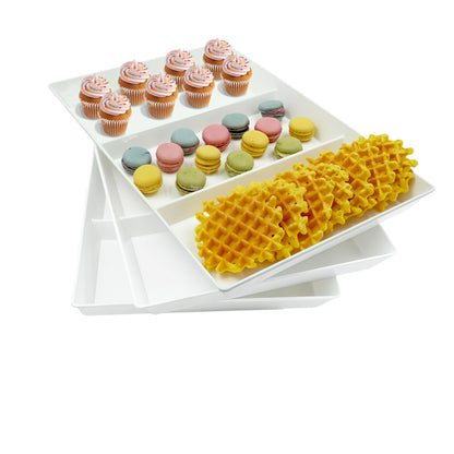 Divided Serving Tray Platter, 4 Pack 15" x 10" Fruit Veggie Food Tray for Party, Plastic Serving Trays for Appetizer, Snack, Dessert, Cookie, Brunch Decorations Platters, White Trays BPA-Free