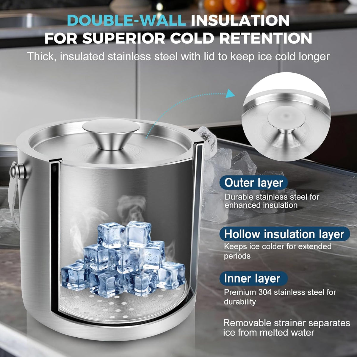 3L Ice Buckets for Parties 6PC Stainless Steel Ice Bucket Set