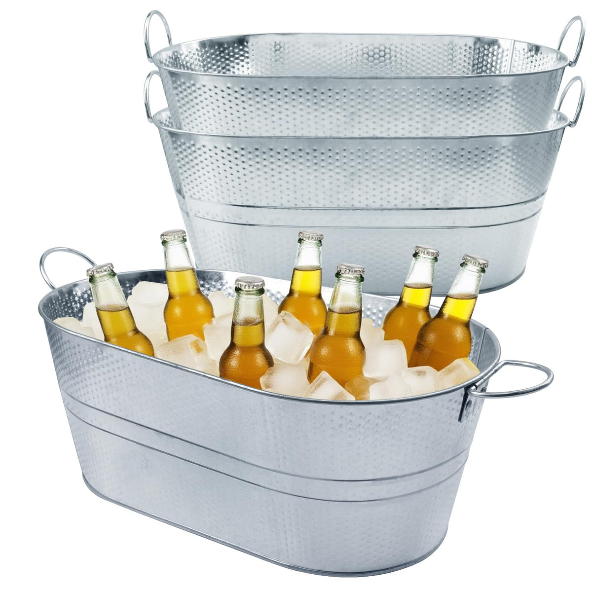2 PCS Galvanized Tub Ice Bucket Set with Handles - 3.5 Gallon Galvanized Bucket Beverage Tubs for Parties, Large Metal Drink Ice Buckets for Beer, Wine, Cocktails & Outdoor Events