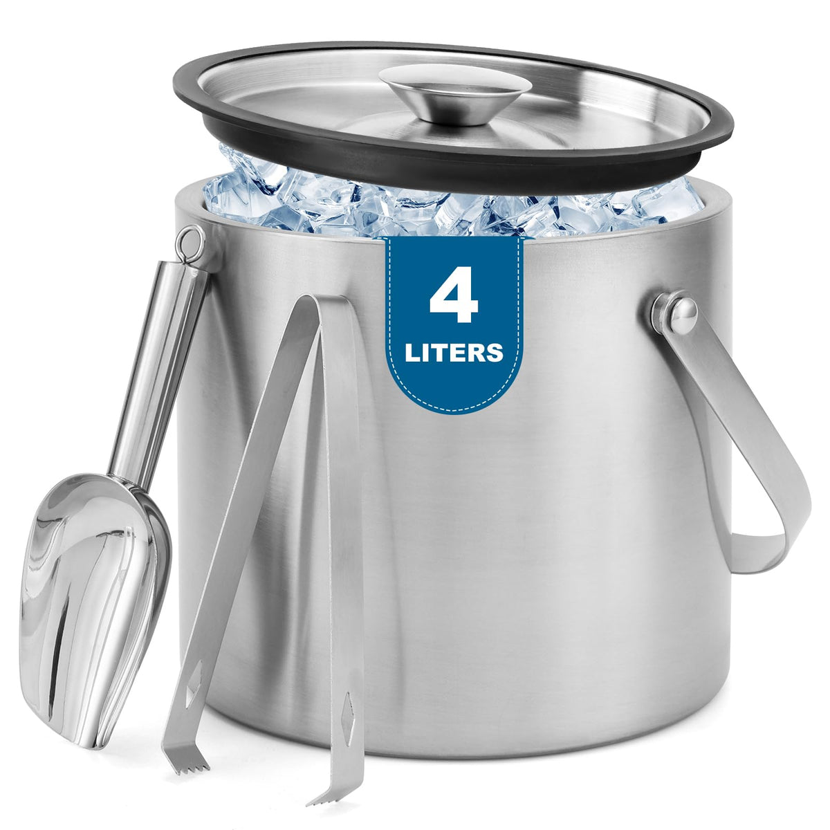 Ice Bucket, 4L Double Wall Insulated Ice Bucket with Lid,Scoop,Tongs- Inner Layer 304 Stainless Steel Ice Container Keep Ice Frozen Longer- Ideal for Cocktail Bar,Parties (4L)