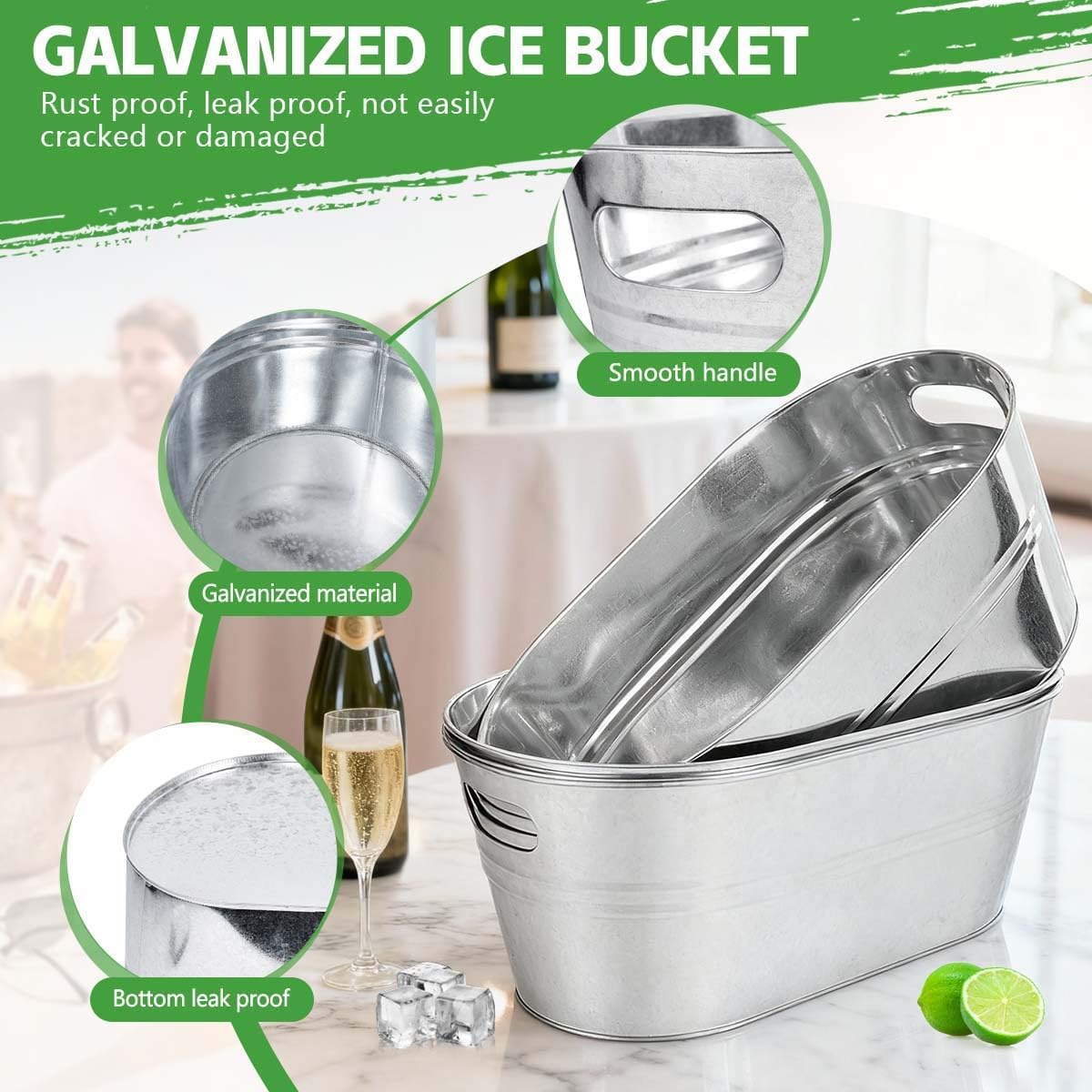 OBTANIM 3 Pack 4 Gallon Galvanized Ice Buckets Metal Champagne Drink Cooler Ice Tub with Carry Handles for Beer Cocktails Wine Beverage Home Parties Bar Cooling Supplies (Silvery)