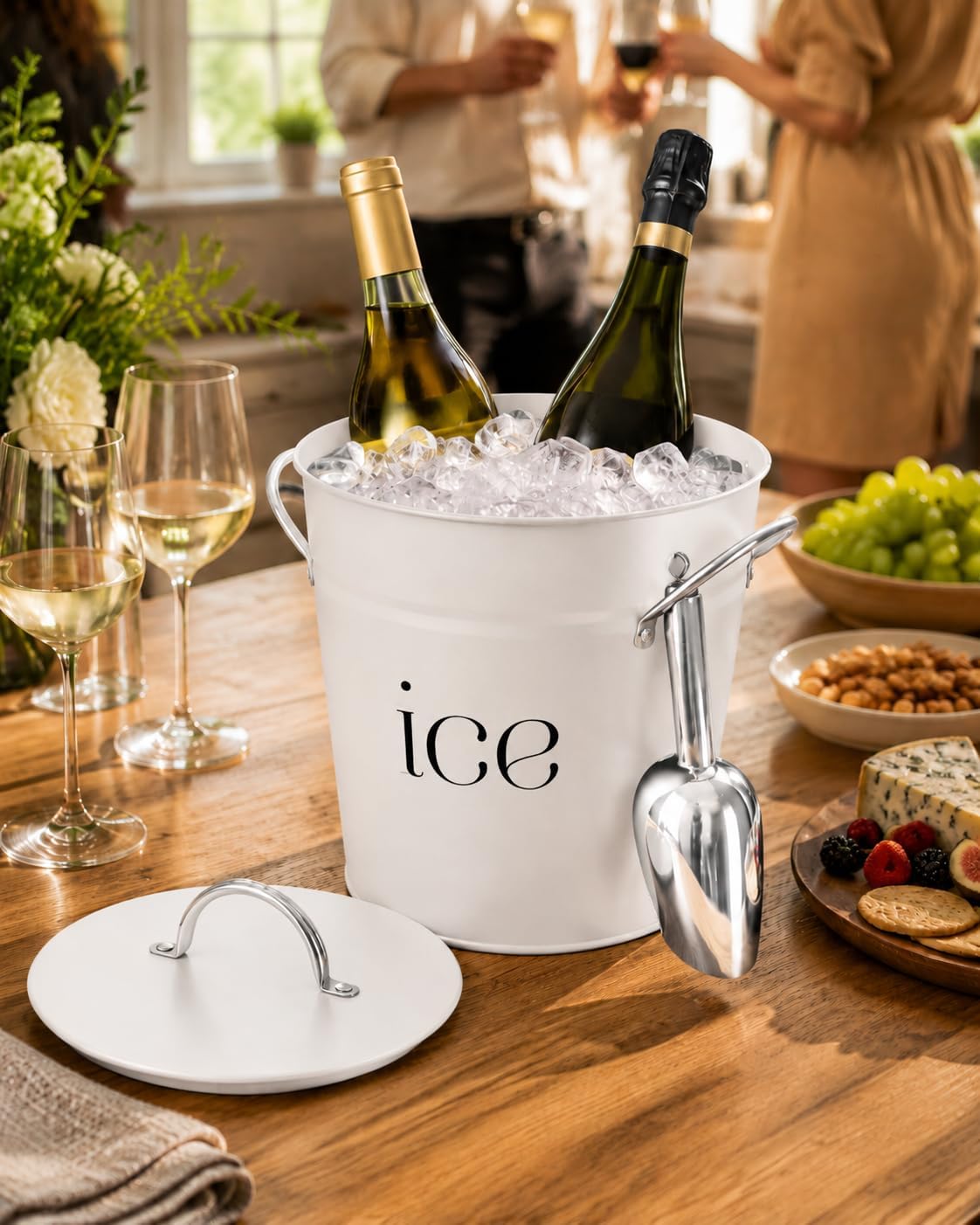 3 Qt White Galvanized Ice Bucket with Lid, Scoop and Handles, Insulated